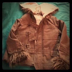 Army green faux fur and wool coat